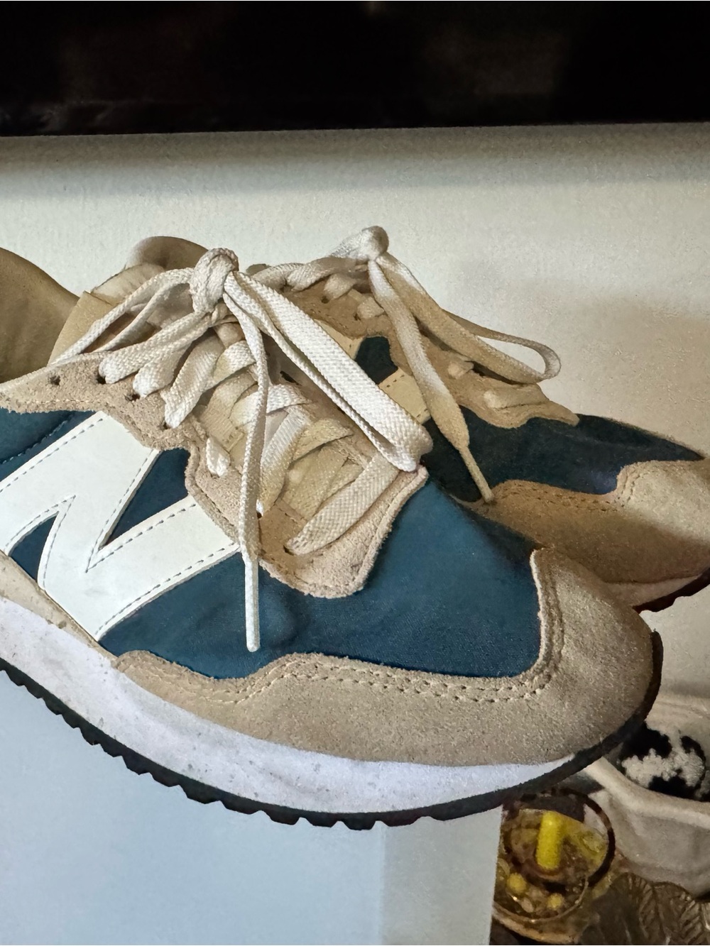 New Balance Beige, Blue & White Sneaker Pair